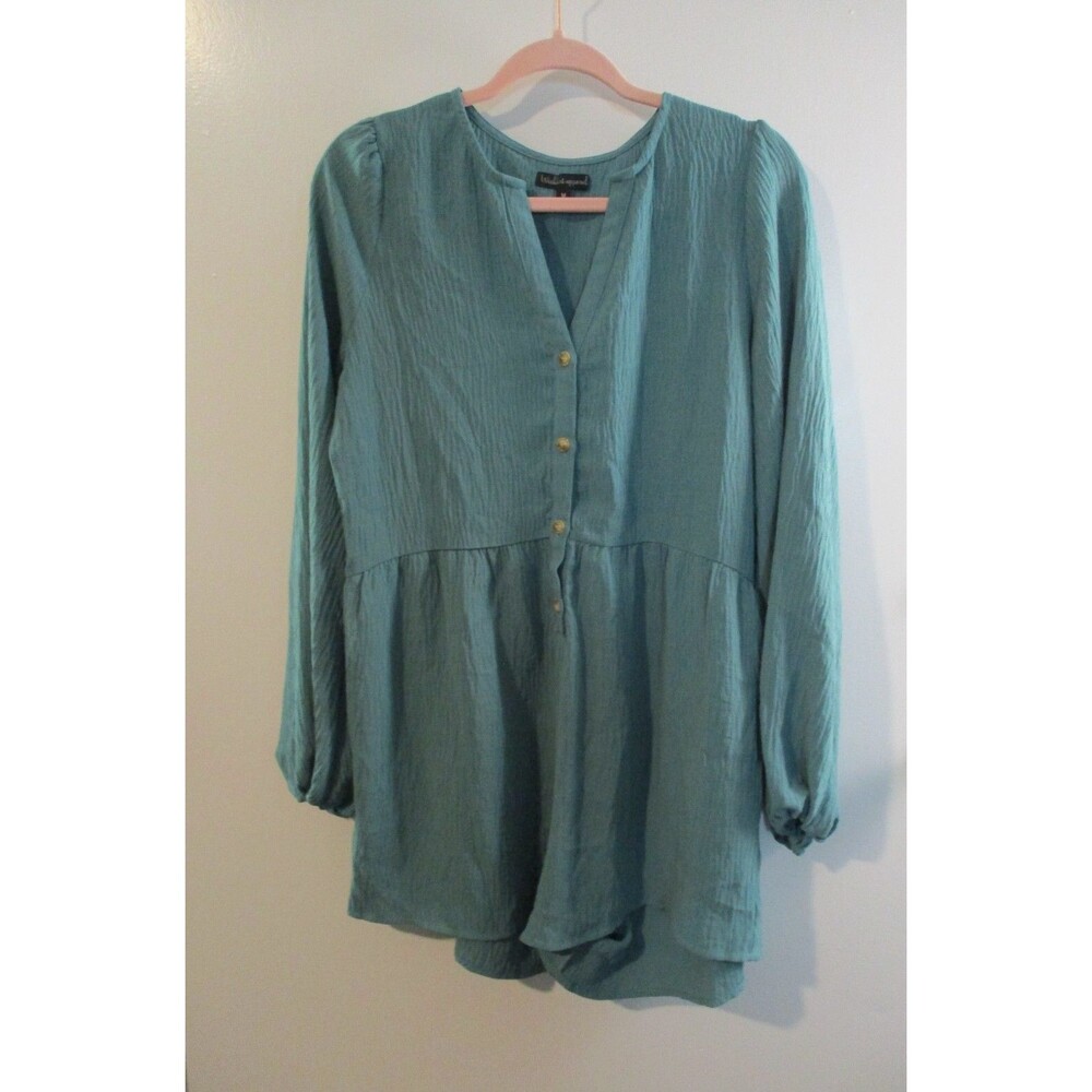 Wishlist Apparel Womens Sz M Boho Long Sleeve Romper Gauze V-Neck Blue Green